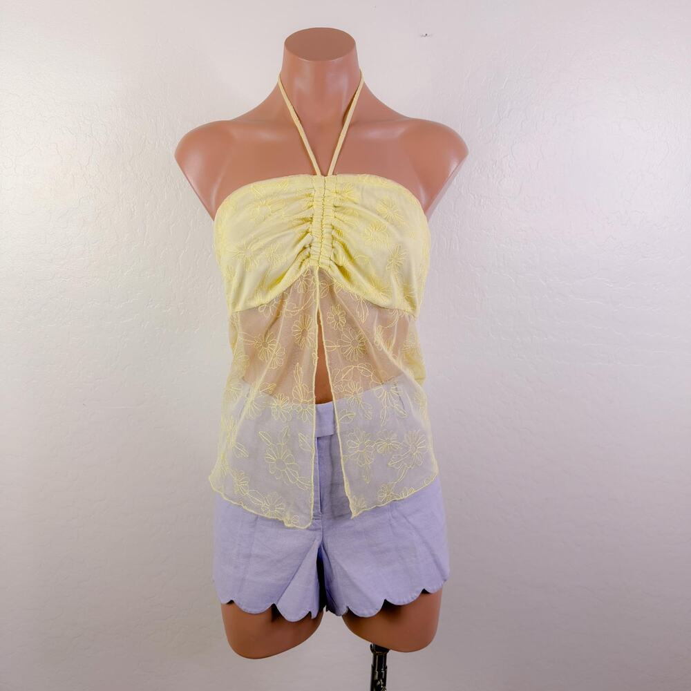 Butter Yellow Sheer Daisy Halter sz Top L NWT Y2K Coquette Babydoll Fairy Whimsy